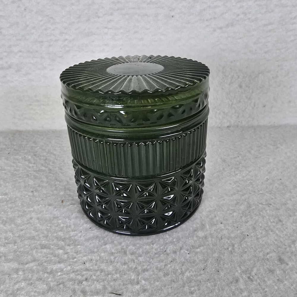 Victorian Green Glass Trinket Jar 4” Tall With Gasket Lid